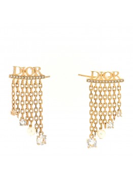 Crystal Pearl Logo Dangle Chain Earrings Gold