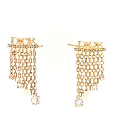 Crystal Pearl Logo Dangle Chain Earrings Gold