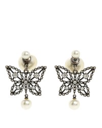 Crystal Pearl Butterfly Drop Earrings White