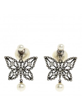 Crystal Pearl Butterfly Drop Earrings White