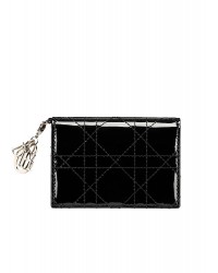 D Lady D Flap Card Holder in Black Patent Cannage Lambskin