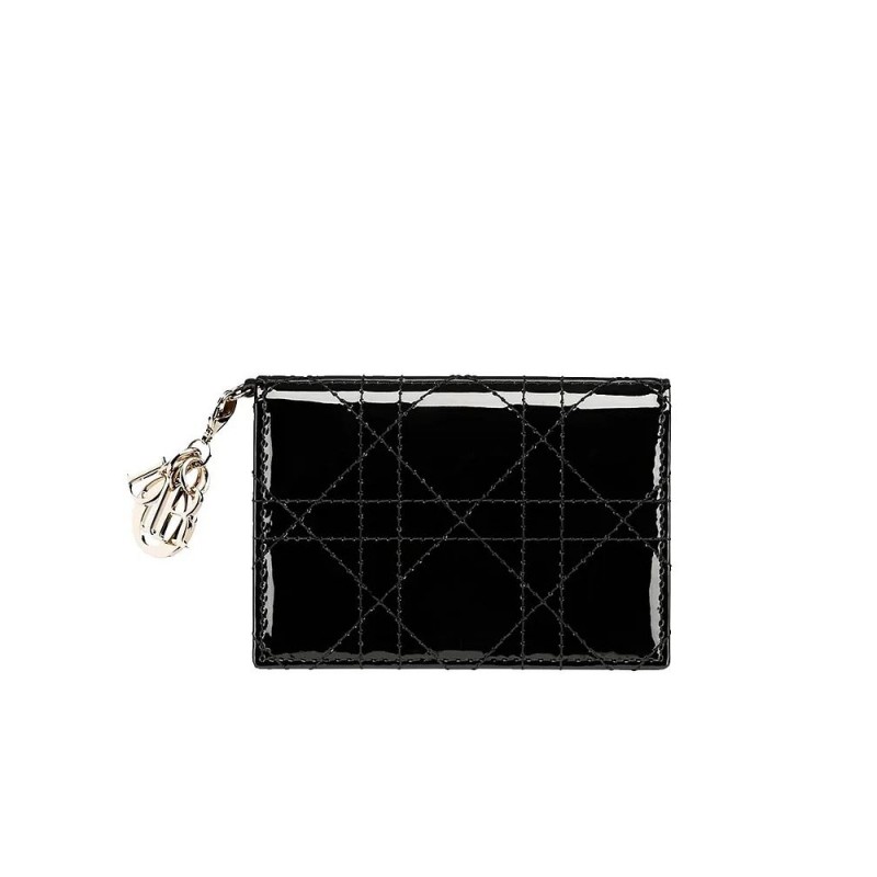 D Lady D Flap Card Holder in Black Patent Cannage Lambskin