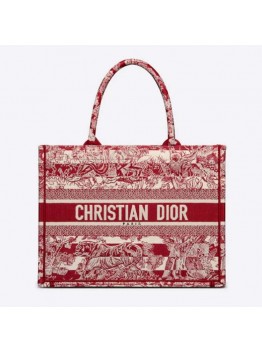 CD Unisex Medium Book Tote Burgundy Toile De Jouy Stripes Embroidery
