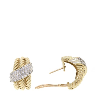 14K Yellow Gold Diamond Crossover 3 Row Hoop Earrings