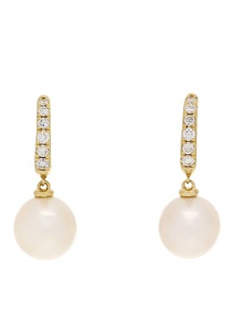 18K Yellow Gold Diamond Freshwater Cultured Pearl Classics Pave Drop Earrings