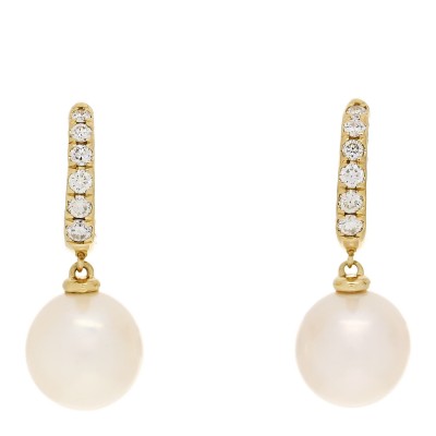 18K Yellow Gold Diamond Freshwater Cultured Pearl Classics Pave Drop Earrings