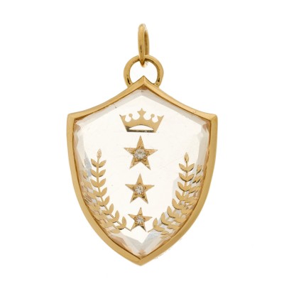 18K Yellow Gold Diamond Quartz Large Per Aspera Ad Astra Sealed Gemstone Crest Pendant
