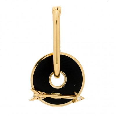 18K Yellow Gold Diamond Champleve Enamel Arrow Dream Champleve Symbol Disk Petite Fob Link Single Earring Black