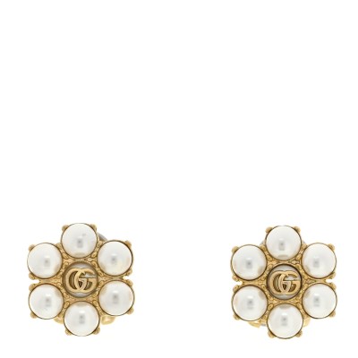 Metal Pearl Double G Clip On Earrings Aged Gold