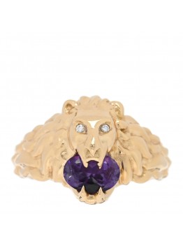 18K Yellow Gold Diamond Amethyst Lion Head Ring 52 6