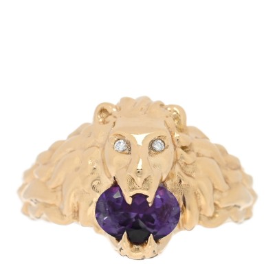 18K Yellow Gold Diamond Amethyst Lion Head Ring 52 6