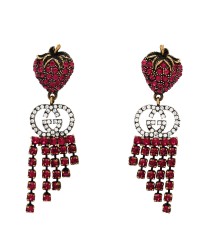 Metal Crystal Interlocking G Strawberry Drop Earrings Red