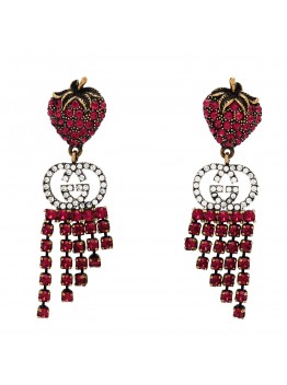 Metal Crystal Interlocking G Strawberry Drop Earrings Red