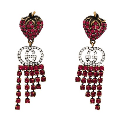 Metal Crystal Interlocking G Strawberry Drop Earrings Red