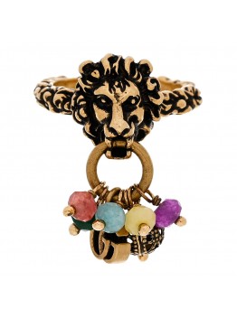 Metal Glass Bead Lion Head GG Ring M Aged Gold Multicolor