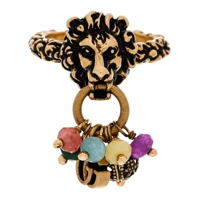 Metal Glass Bead Lion Head GG Ring M Aged Gold Multicolor
