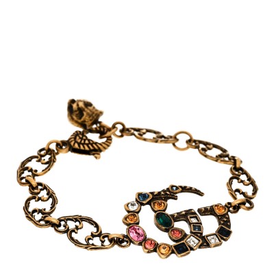 Oxidized Metal Crystal Double G Bracelet Aged Gold Multicolor