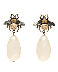 Crystal Pearl Drop Bee Earrings Gold