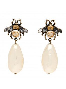 Crystal Pearl Drop Bee Earrings Gold
