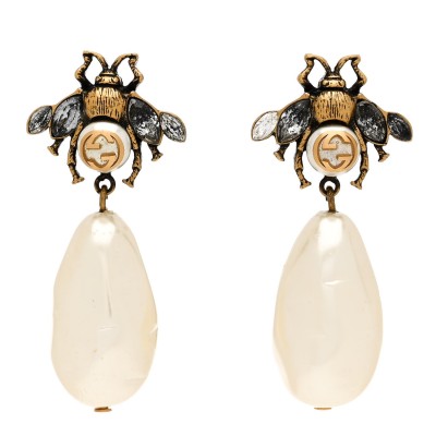 Crystal Pearl Drop Bee Earrings Gold