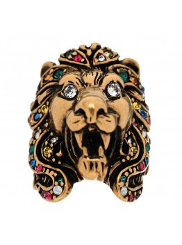 Metal Crystal Lion Head Ring 50 5.25 Aged Gold