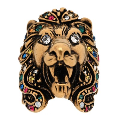 Metal Crystal Lion Head Ring 50 5.25 Aged Gold