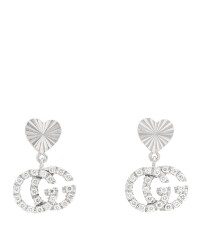18K White Gold Diamond GG Running Heart Drop Earrings