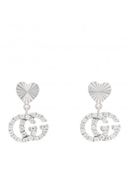 18K White Gold Diamond GG Running Heart Drop Earrings
