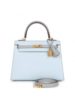 H Special Order (HSS) Kelly Sellier 25 Bleu Brume and Bleu Glacier Epsom Brushed Gold Hardware