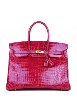 H Birkin 35 Rose Scheherazade Shiny Niloticus Crocodile Gold Hardware