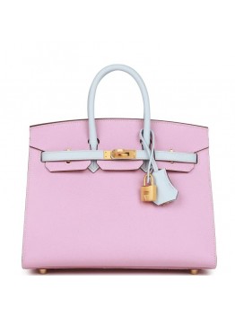 H Special Order (HSS) Birkin Sellier 25 Mauve Syestre and Bleu Brume Epsom Brushed Gold Hardware
