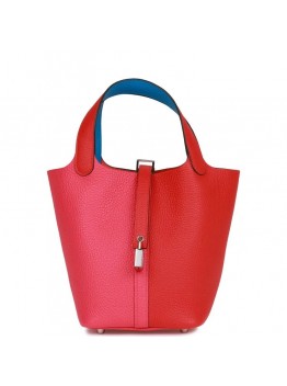 H Picotin Lock 18 Casaque Rouge de Coeur, Rose Extreme and Bleu Zanzibar Clemence Palladium Hardware