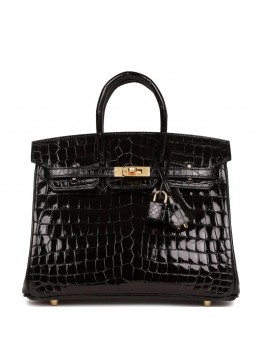 H Birkin 25 Black Shiny Niloticus Crocodile Gold Hardware