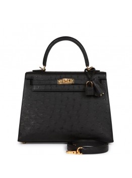 H Kelly Sellier 25 Black Ostrich Gold Hardware