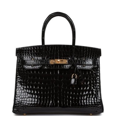 H Birkin 30 Black Shiny Niloticus Crocodile Gold Hardware