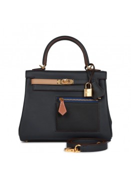 H Colormatic Kelly Retourne 25 Caban, Black and Chai Swift Gold Hardware