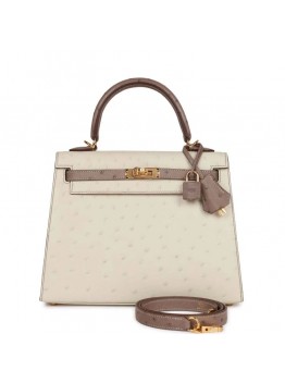 H Special Order (HSS) Kelly Sellier 25 Beton and Gris Asphalte Ostrich Gold Hardware