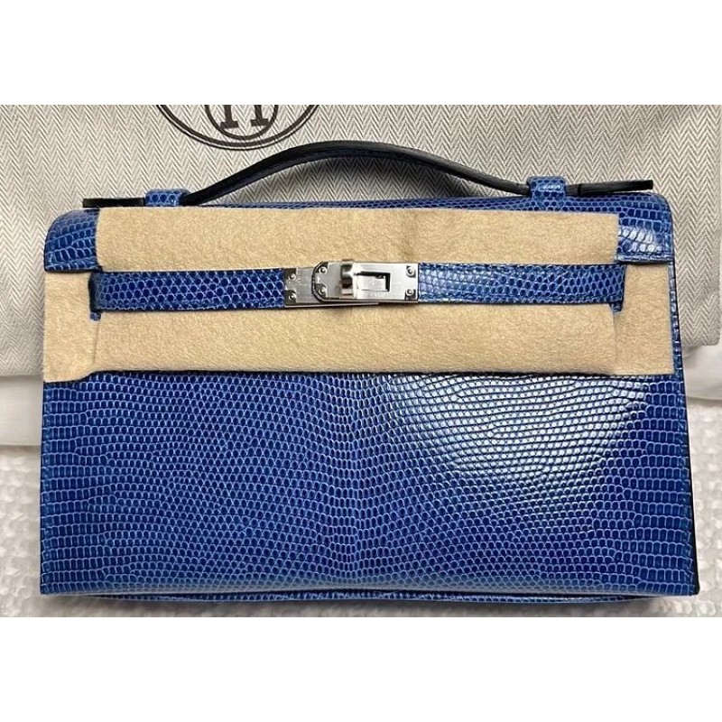 H Kelly Pochette Bleu Saphir Lizard Palladium Hardware – DP for HR