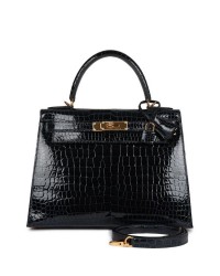 H Kelly Sellier 28 Bleu Baltique Shiny Porosus Crocodile Gold Hardware