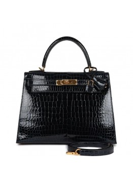 H Kelly Sellier 28 Bleu Baltique Shiny Porosus Crocodile Gold Hardware