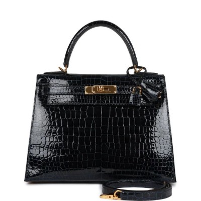 H Kelly Sellier 28 Bleu Baltique Shiny Porosus Crocodile Gold Hardware