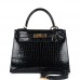 H Kelly Sellier 28 Bleu Baltique Shiny Porosus Crocodile Gold Hardware