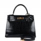 H Kelly Sellier 28 Bleu Baltique Shiny Porosus Crocodile Gold Hardware