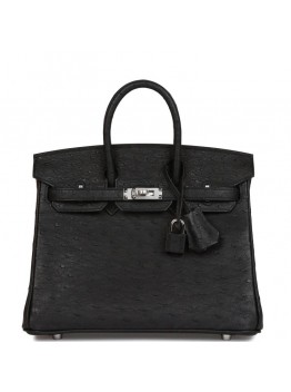 H Birkin 25 Black Ostrich Palladium Hardware