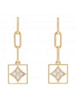 18K Yellow Gold Diamond Mother of Pearl Color Blossom Drop Earrings