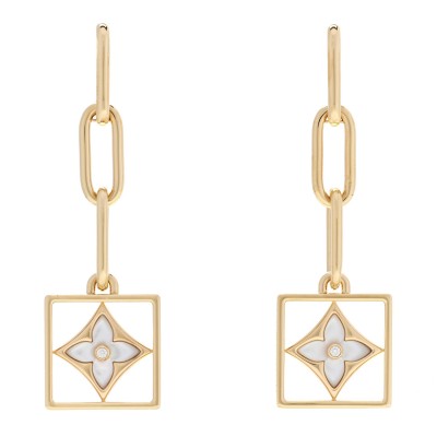 18K Yellow Gold Diamond Mother of Pearl Color Blossom Drop Earrings