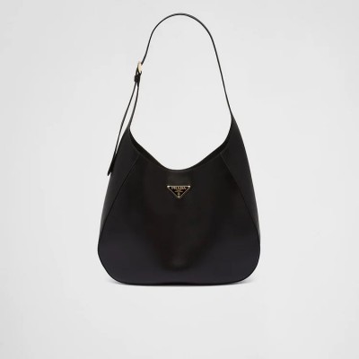 PP Large leather shoulder bag with topstitching – Black