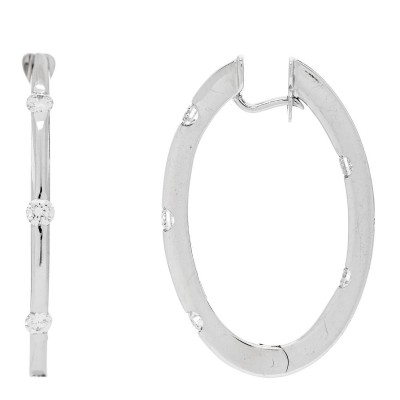 18K White Gold Diamond Flat Oval Hoop Earrings