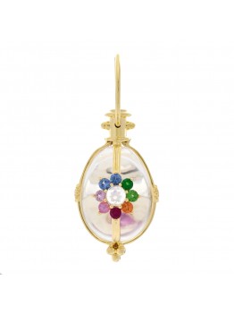 18K Yellow Gold Diamond Rock Crystal Multi Gemstone Floral Amulet Pendant