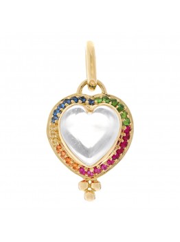 18K Yellow Gold Rock Crystal Ruby Sapphire Tsavorite Heart Pendant